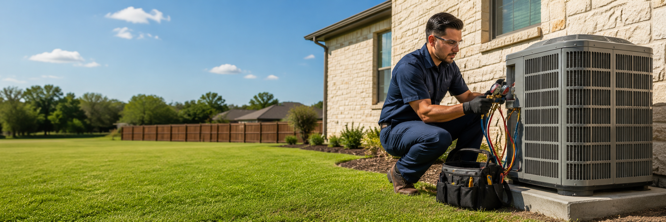 HVAC technician servicing an air conditioning unit at a Houston home