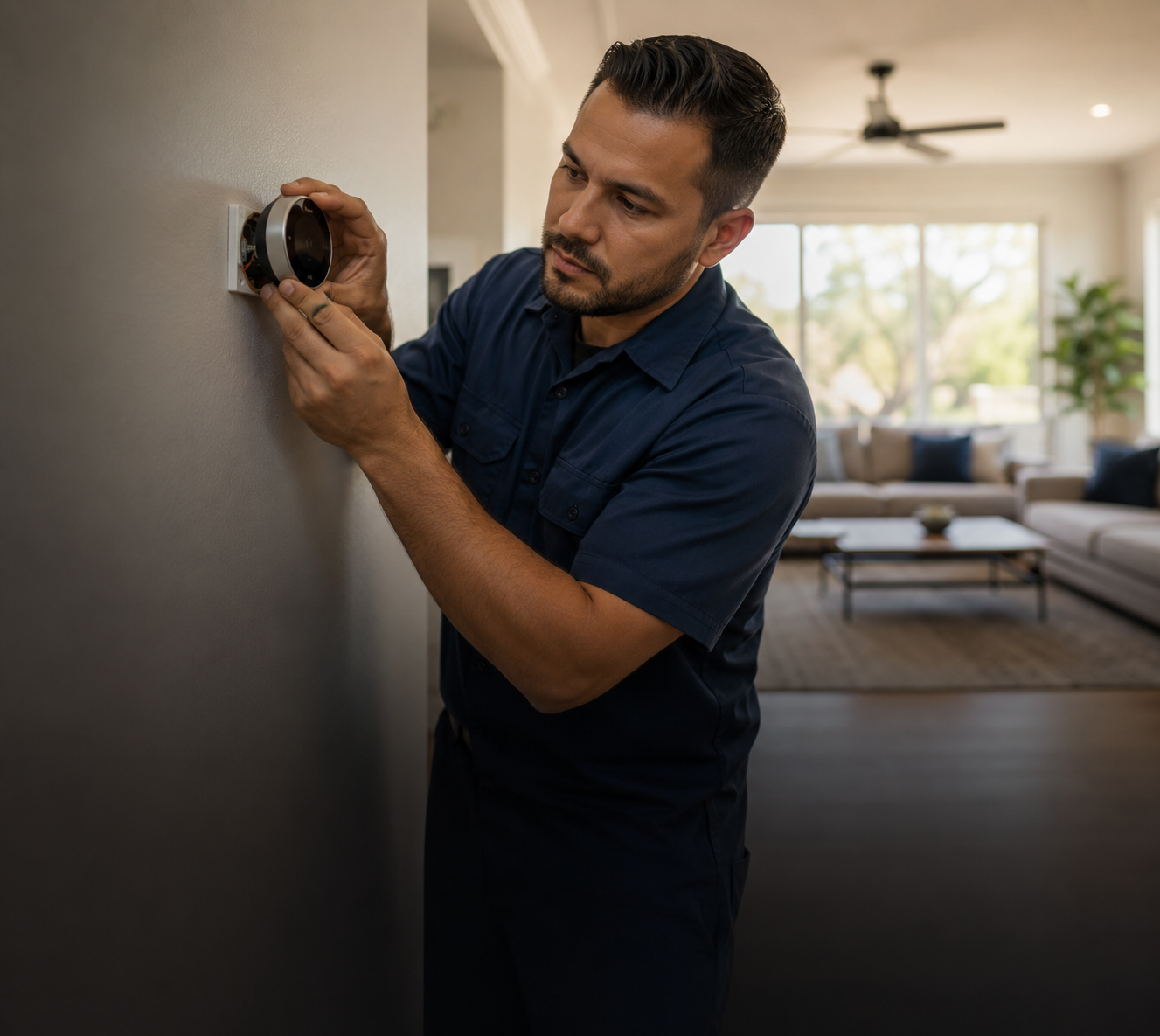 HVAC technician installing a smart thermostat in a Houston home
